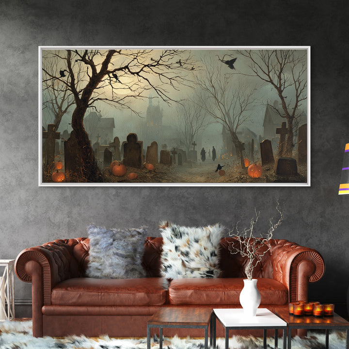 The Moonlit Cemetery, Northern Renaissance Horror, Wide Panoramic Art, Gothic Horror Wall Art, Framed Canvas Print