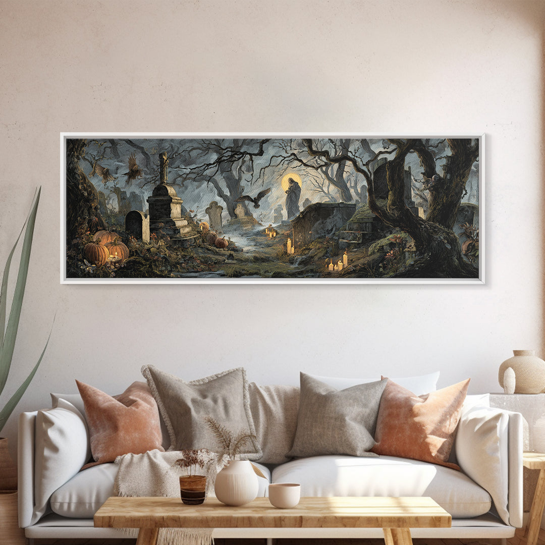 The Moonlit Cemetery, Dark Renaissance Art, Extra Wide Wall Art, Dark Fantasy Wall Art, Canvas Print, Halloween Wall Art