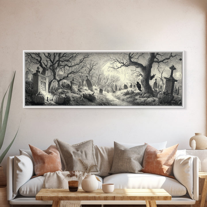 The Moonlit Cemetery, Renaissance Engraving Art, Extra Wide Wall Art, Macabre Wall Art, Canvas Print, Halloween Wall Art, Dark Fantasy Art
