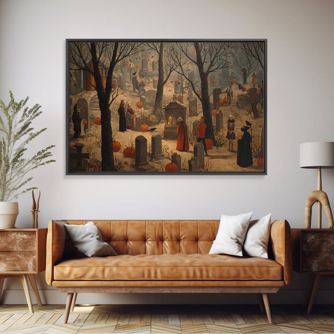 The Moonlit Cemetery, Danse Macabre Art, Landscape Wall Art, Macabre Wall Art, Framed Canvas Print, Halloween Wall Art
