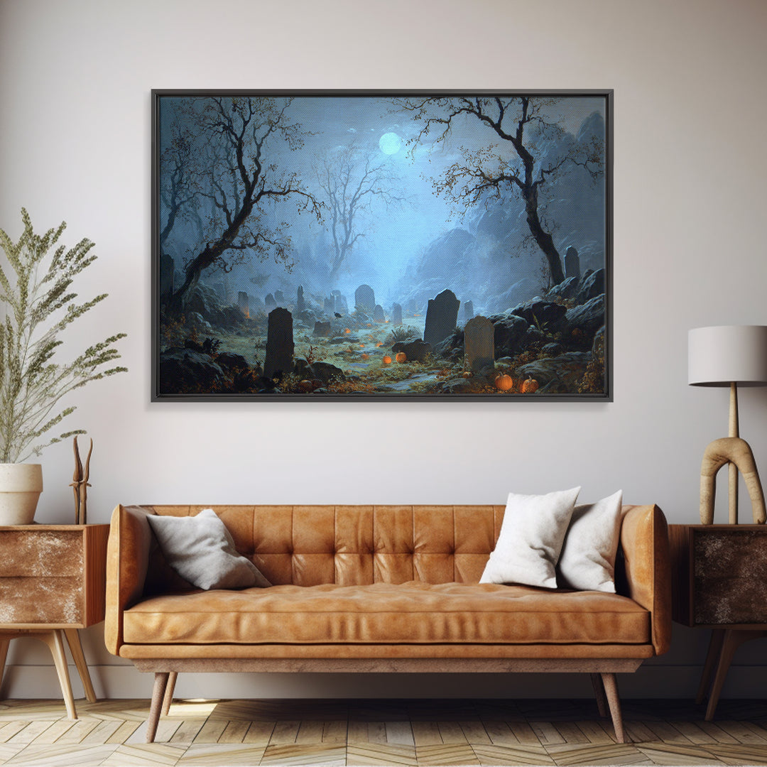 The Moonlit Cemetery, Baroque Witchcraft Art, Landscape Wall Art, Gothic Horror Wall Art, Framed Canvas Print, Halloween Wall Art