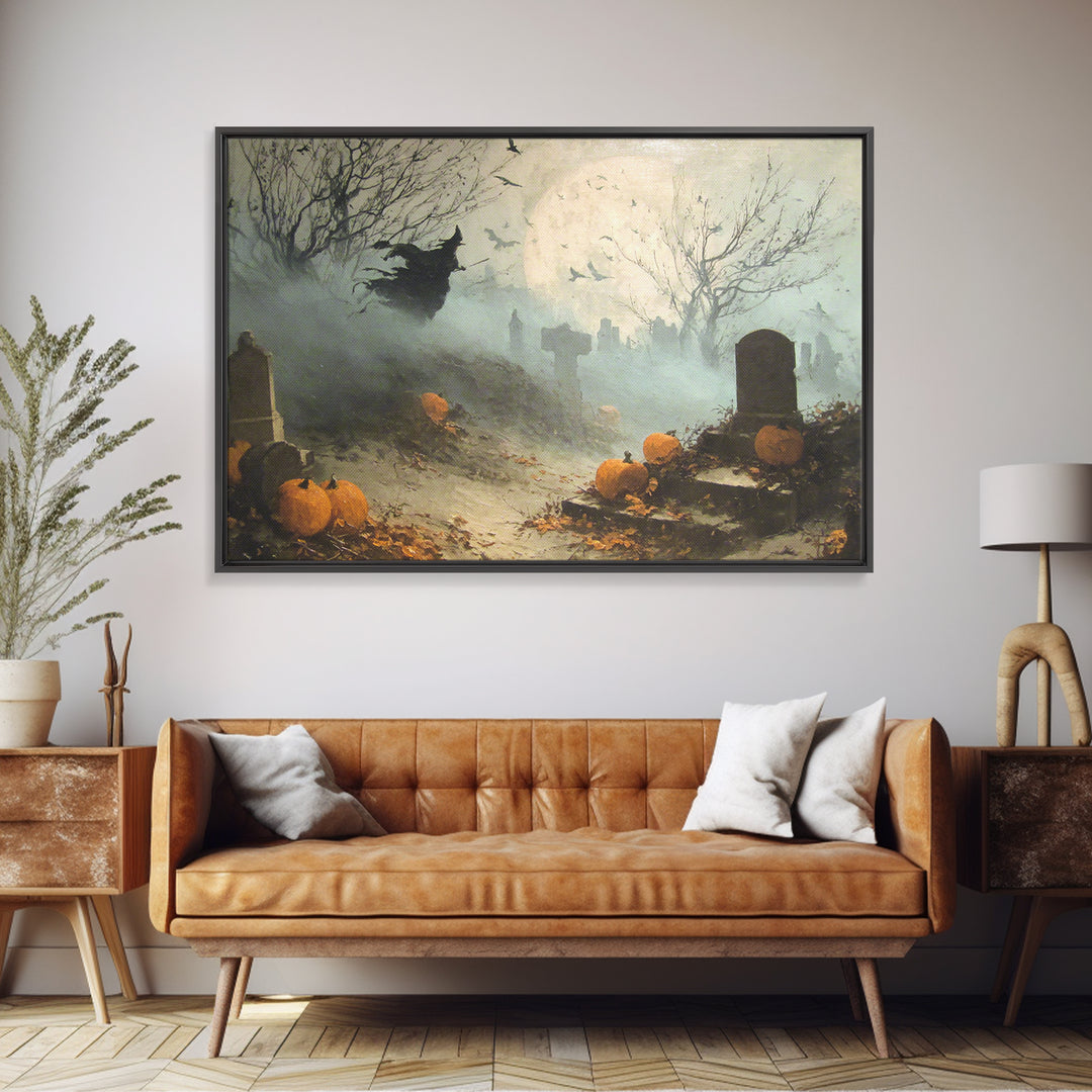 The Moonlit Cemetery, Dark Romantic Horror Art, Landscape Wall Art, Dark Halloween Decor, Canvas Print, Halloween Wall Art