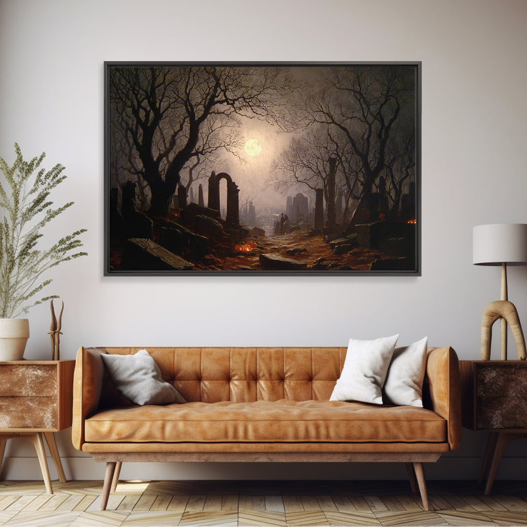 The Moonlit Cemetery, Romantic Gothic Landscape, Landscape Wall Art, Dark Fantasy Wall Art, Framed Canvas Print, Gothic Home Decor