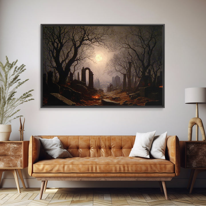 The Moonlit Cemetery, Romantic Gothic Landscape, Landscape Wall Art, Dark Fantasy Wall Art, Framed Canvas Print, Gothic Home Decor