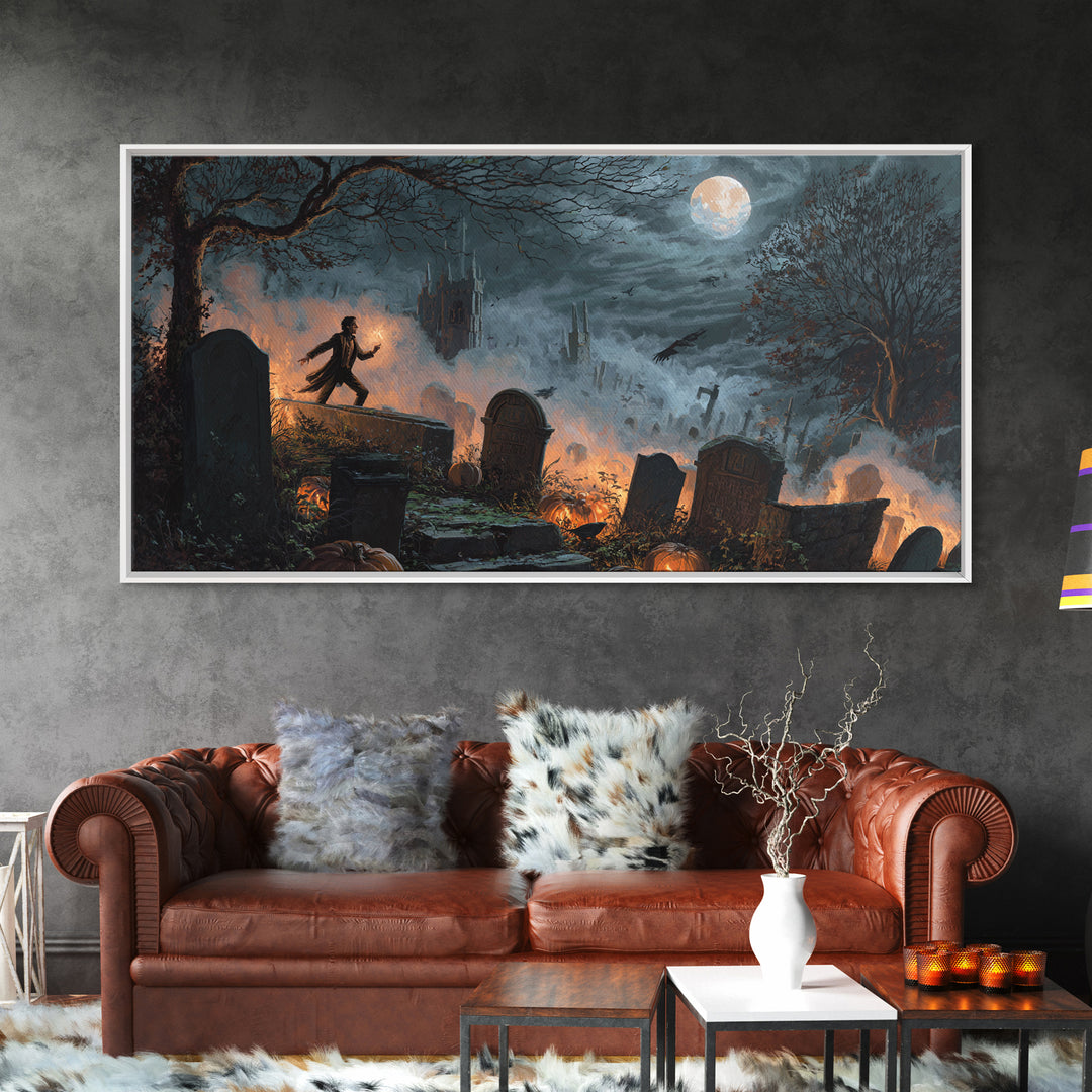 The Moonlit Cemetery, Apocalyptic Romantic Art, Wide Panoramic Art, Macabre Wall Art, Framed Canvas Print, Halloween Wall Art