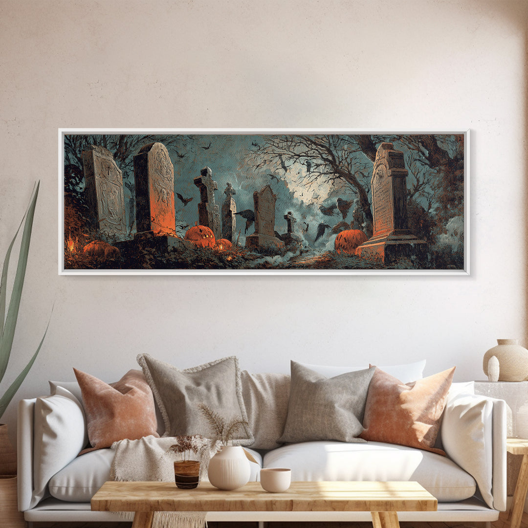 The Moonlit Cemetery, Decadent Gothic Art, Extra Wide Wall Art, Macabre Wall Art, Framed Canvas Print, Halloween Wall Art