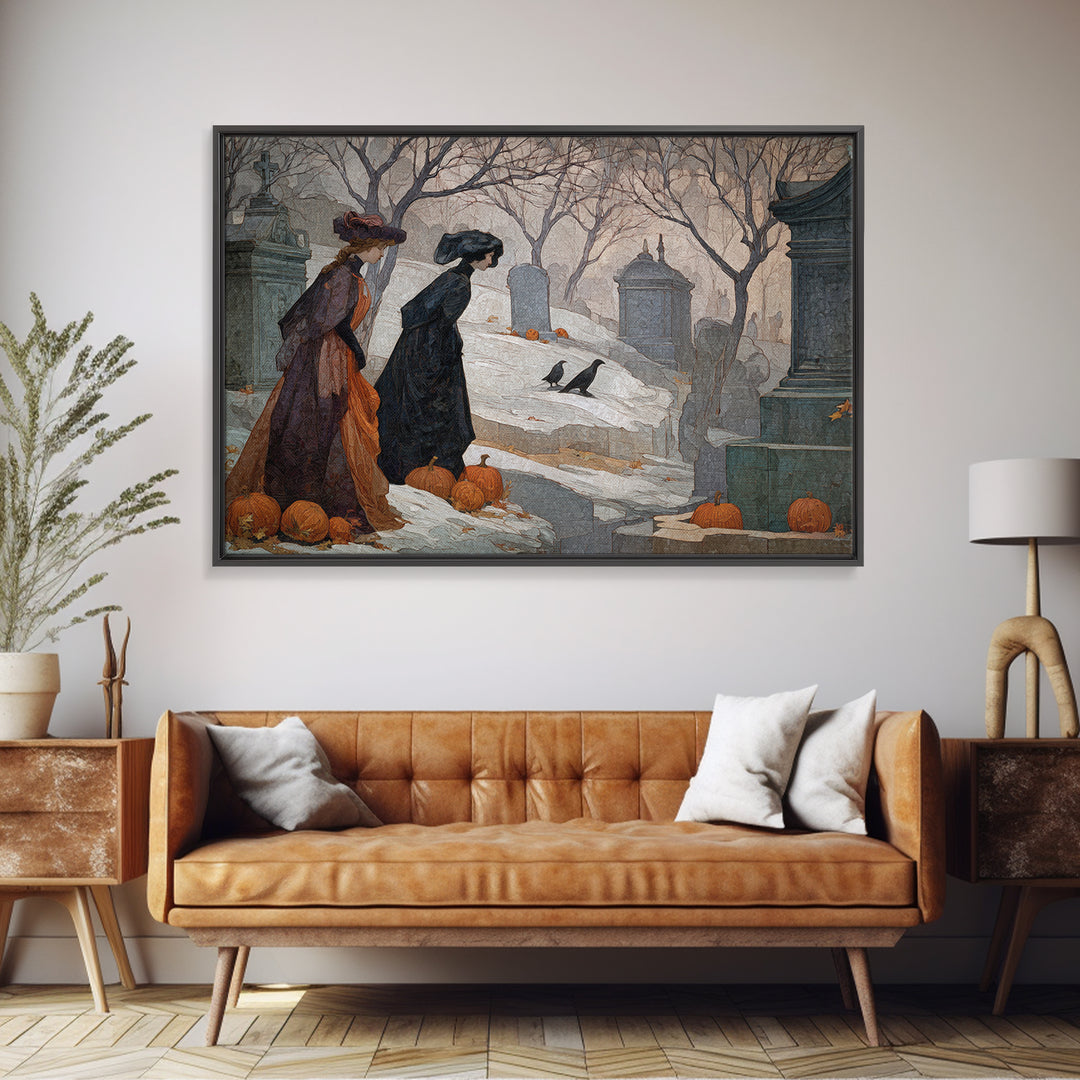 The Moonlit Cemetery, Symbolist Death Art, Landscape Wall Art, Dark Halloween Decor, Framed Canvas Print, Halloween Wall Art