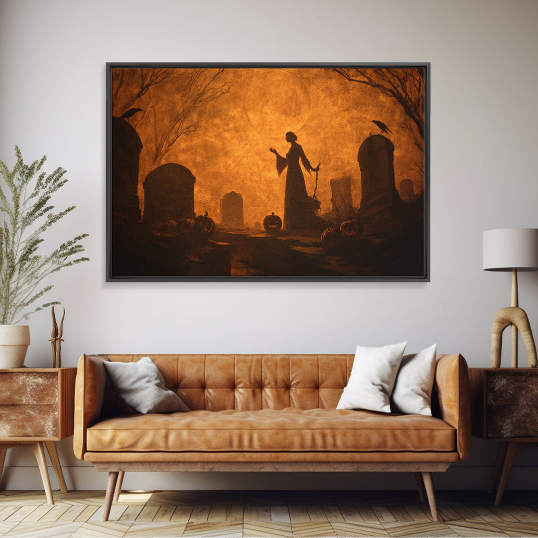 The Moonlit Cemetery, Dark Symbolist Art, Landscape Wall Art, Dark Halloween Decor, Framed Canvas Print, Halloween Wall Art