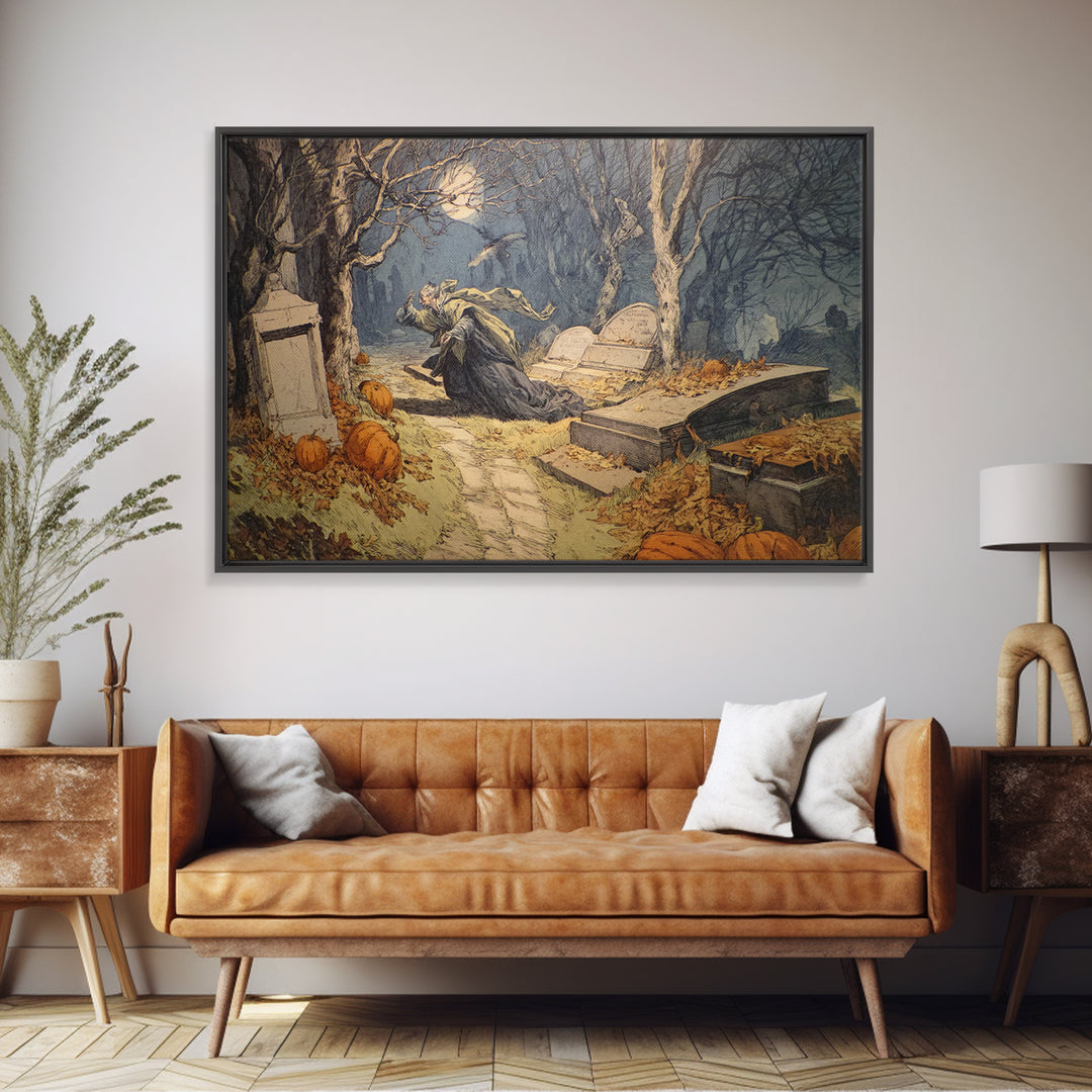 The Moonlit Cemetery, Symbolist Etching Art, Landscape Wall Art, Dark Fantasy Wall Art, Canvas Print, Halloween Wall Art