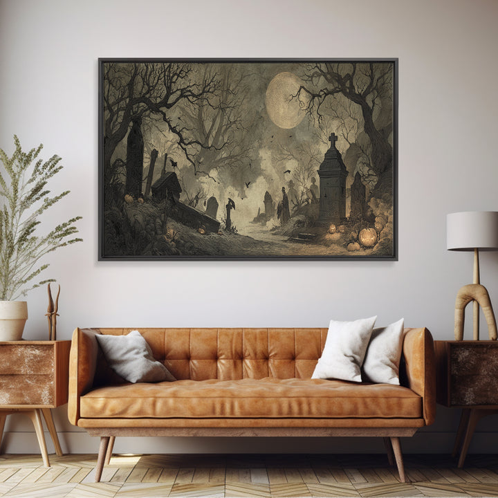 The Moonlit Cemetery, Expressionist Nightmare Art, Wide Panoramic Art, Macabre Wall Art, Canvas Print, Halloween Wall Art, Halloween Decor