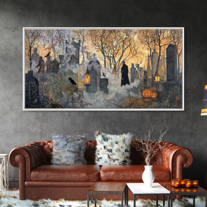 The Moonlit Cemetery, Grotesque Carnival Art, Wide Panoramic Art, Gothic Horror Wall Art, Framed Canvas Print, Halloween Wall Art