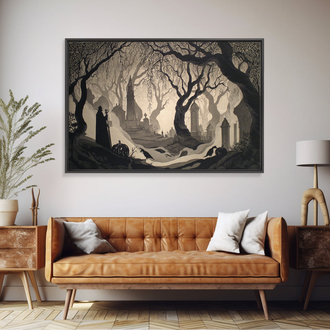 The Moonlit Cemetery, Decadent Line Art, Landscape Wall Art, Dark Fantasy Wall Art, Framed Canvas Print, Halloween Wall Art