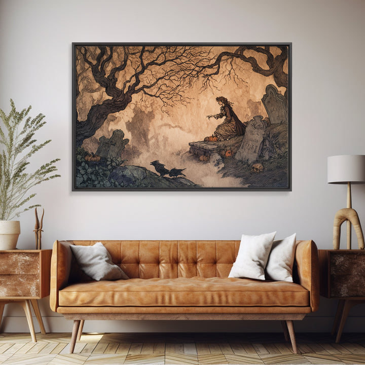 The Moonlit Cemetery, Gothic Storybook Art, Landscape Wall Art, Macabre Wall Art, Framed Canvas Print, Halloween Wall Art