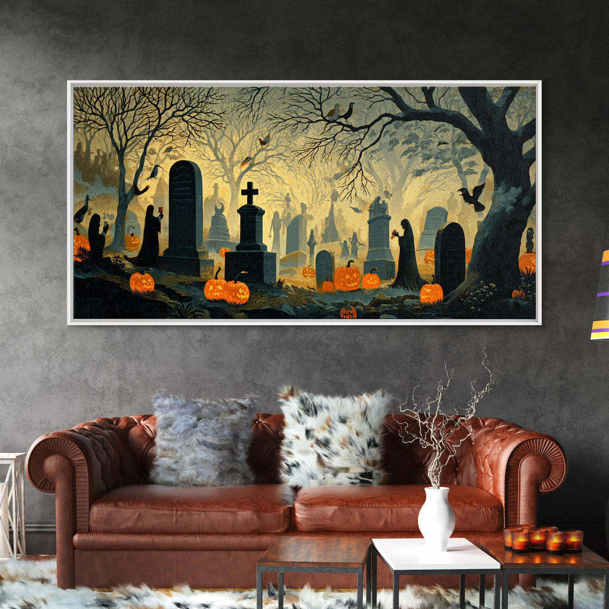 The Moonlit Cemetery, Macabre Folk Print Art, Wide Panoramic Art, Dark Fantasy Wall Art, Canvas Print, Halloween Wall Art