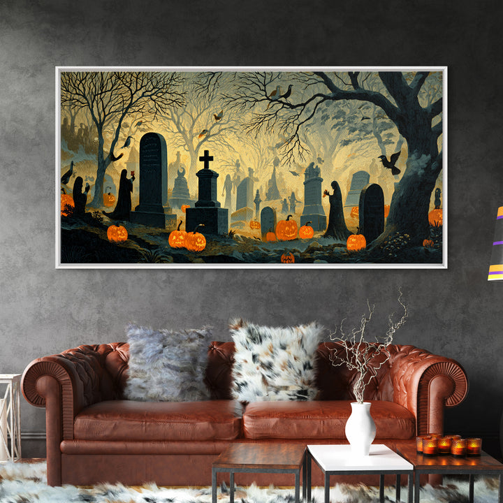 The Moonlit Cemetery, Macabre Folk Print Art, Wide Panoramic Art, Dark Fantasy Wall Art, Canvas Print, Halloween Wall Art