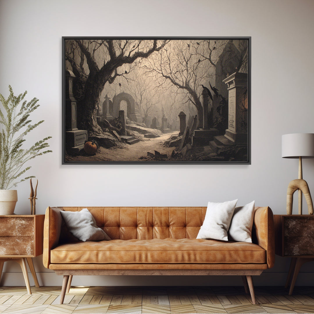 The Moonlit Cemetery, Biomechanical Horror Art, Landscape Wall Art, Gothic Horror Wall Art, Canvas Print, Halloween Wall Art