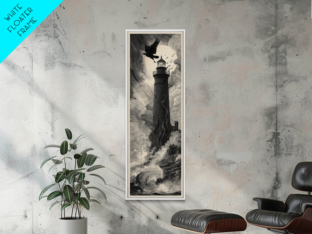 The Cursed Lighthouse, Gothic Engraving Art, Tall Narrow Wall Art, Dark Fantasy Wall Art, Framed Canvas Print, Halloween Wall Art