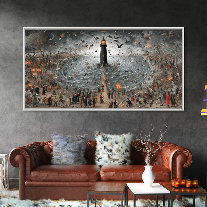 The Cursed Lighthouse, Northern Renaissance Horror, Wide Panoramic Art, Dark Halloween Decor, Canvas Print, Halloween Wall Art