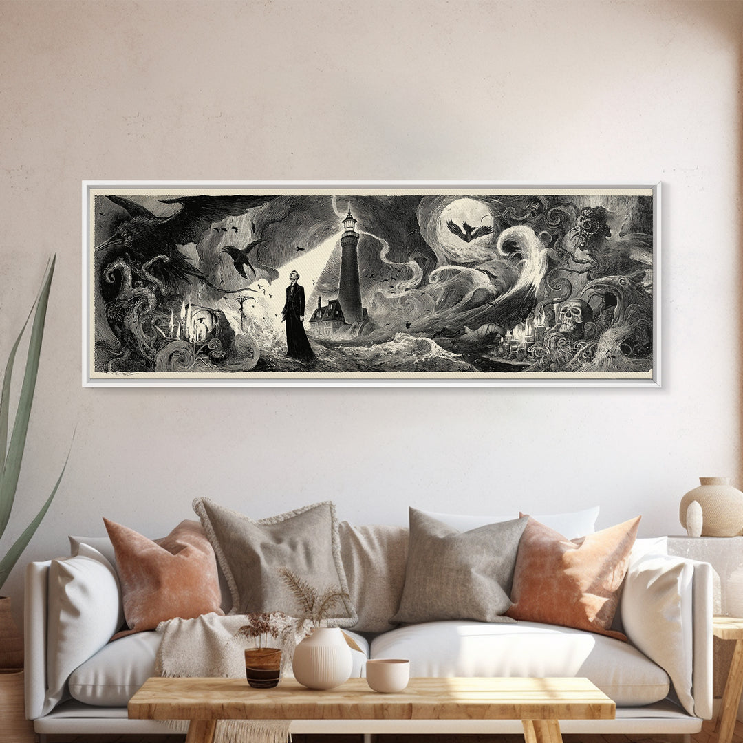 The Cursed Lighthouse, Expressionist Nightmare Art, Extra Wide Wall Art, Dark Fantasy Wall Art, Canvas Print, Halloween Wall Art