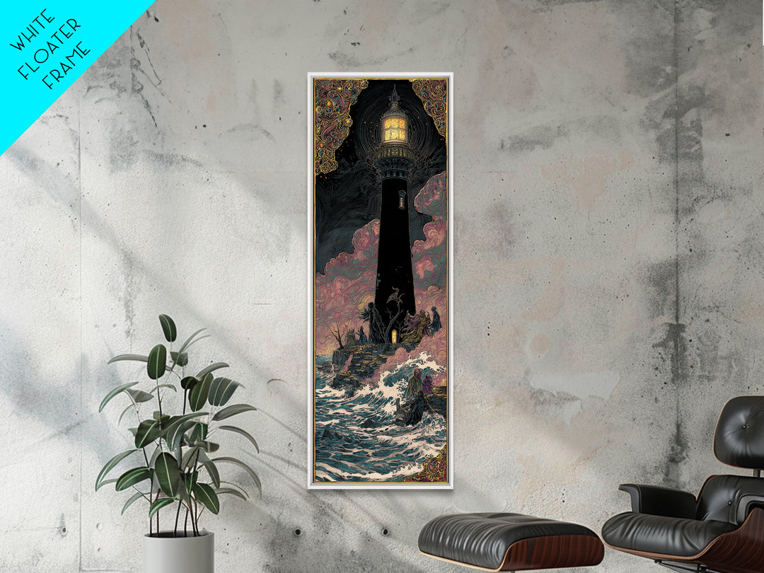 The Cursed Lighthouse, Stained Glass Gothic Art, Tall Narrow Wall Art, Dark Halloween Decor, Framed Canvas Print, Halloween Wall Art