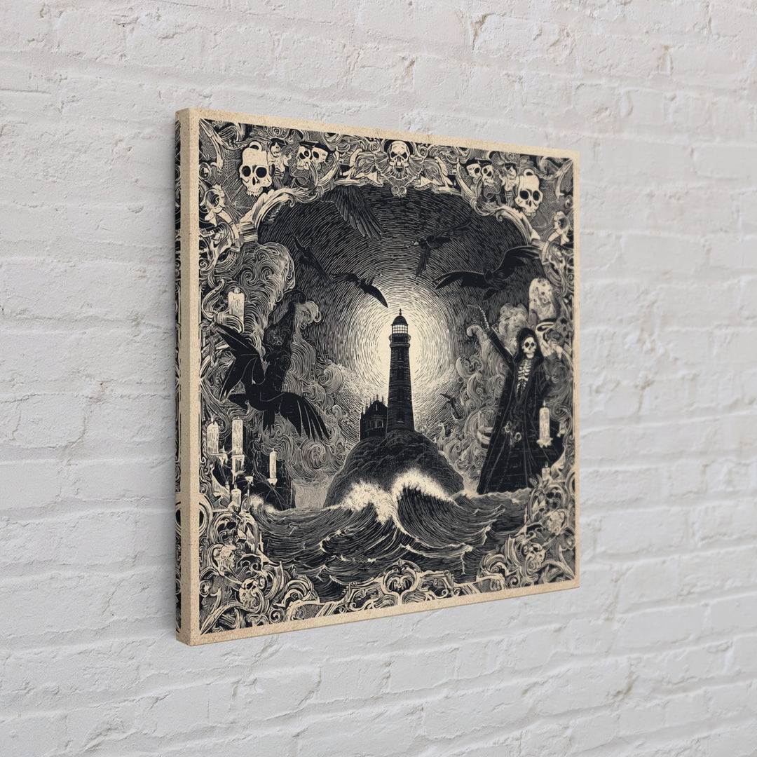 The Cursed Lighthouse, Macabre Folk Print Art, Square Wall Art, Gothic Horror Wall Art, Framed Canvas Print, Halloween Wall Art