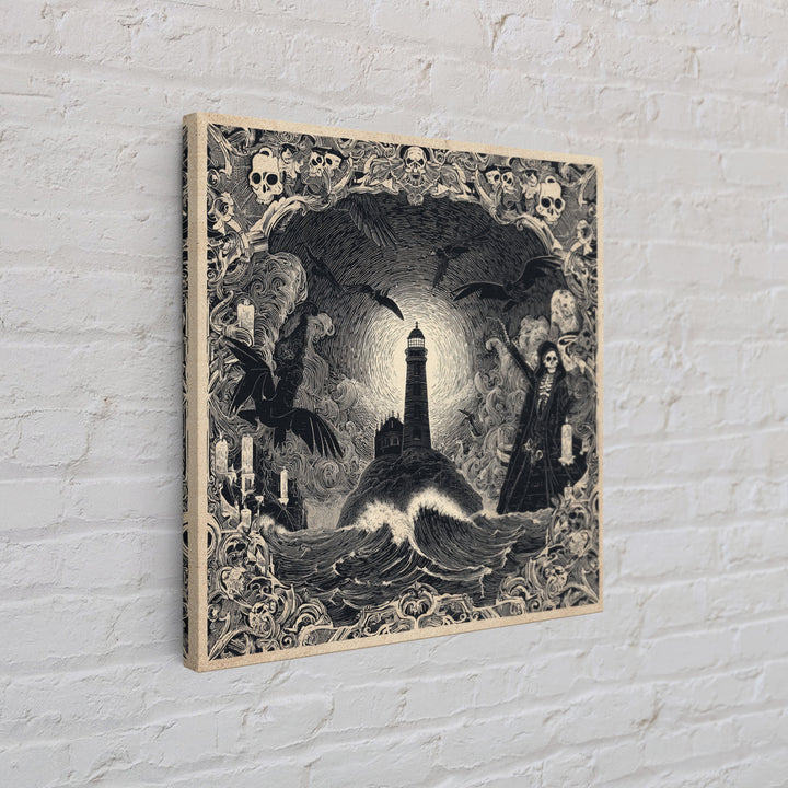 The Cursed Lighthouse, Macabre Folk Print Art, Square Wall Art, Gothic Horror Wall Art, Framed Canvas Print, Halloween Wall Art