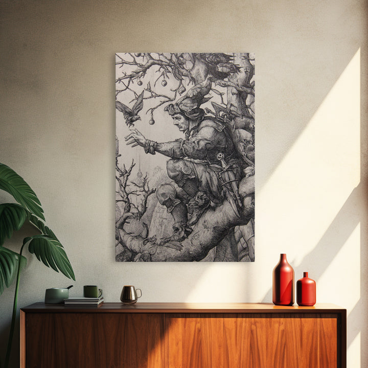 The Witch'S Forest, Renaissance Engraving Art, Vertical Wall Art, Macabre Wall Art, Framed Canvas Print, Halloween Wall Art