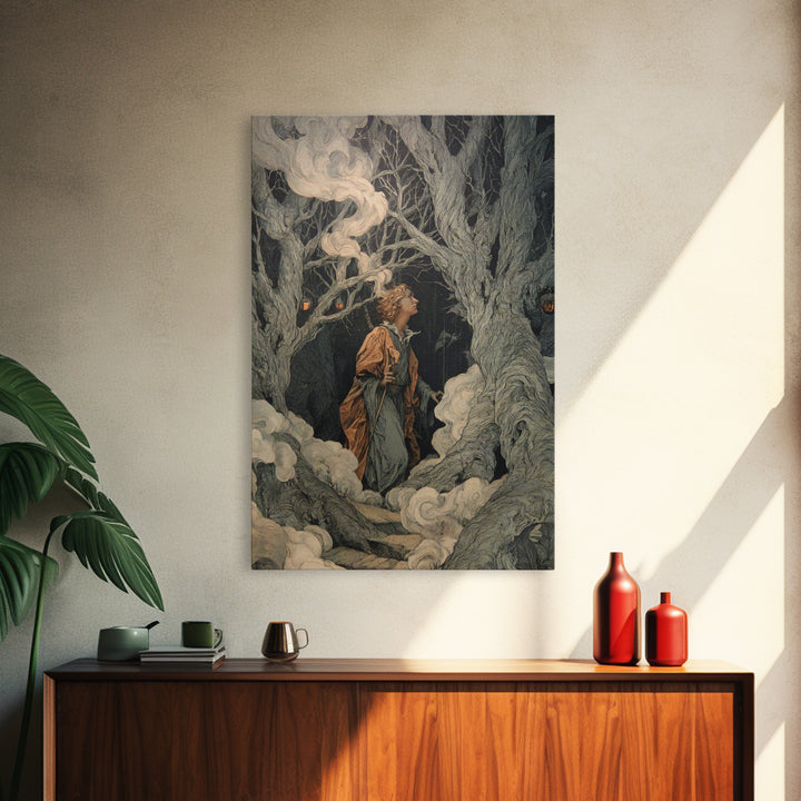 The Witch'S Forest, Visionary Gothic Art, Vertical Wall Art, Dark Halloween Decor, Framed Canvas Print, Halloween Wall Art