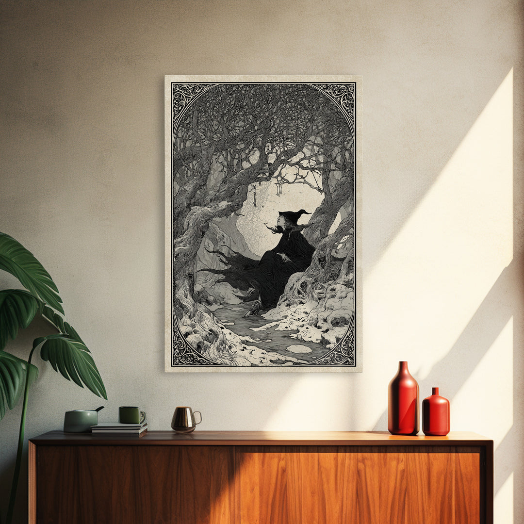 The Witch'S Forest, Decadent Line Art, Vertical Wall Art, Macabre Wall Art, Canvas Print, Halloween Wall Art, Gothic Home Decor