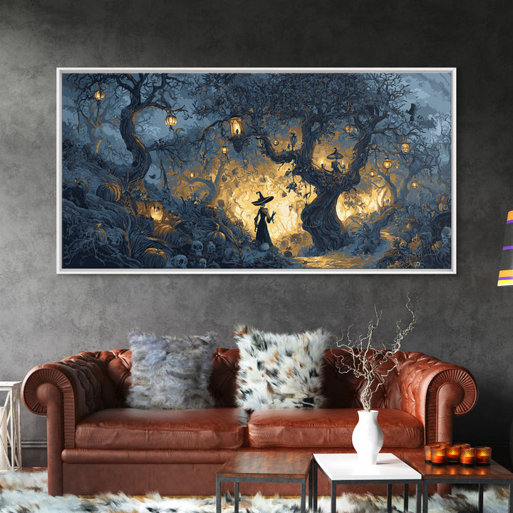 The Witch'S Forest, Macabre Folk Print Art, Wide Panoramic Art, Macabre Wall Art, Canvas Print, Halloween Wall Art