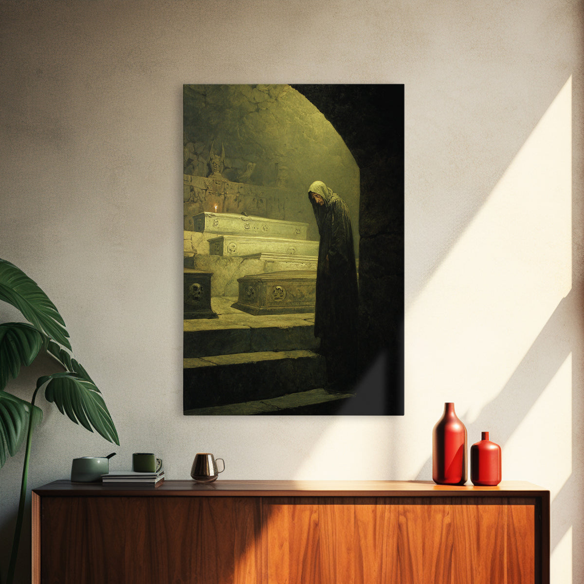 The Forgotten Crypt, Symbolist Etching Art, Vertical Wall Art, Dark Fantasy Wall Art, Framed Canvas Print, Halloween Wall Art