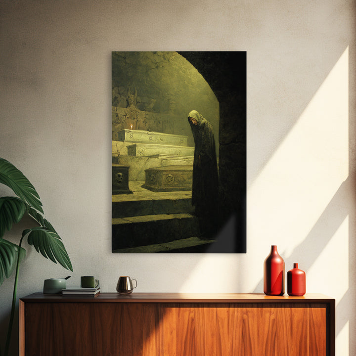 The Forgotten Crypt, Symbolist Etching Art, Vertical Wall Art, Dark Fantasy Wall Art, Framed Canvas Print, Halloween Wall Art