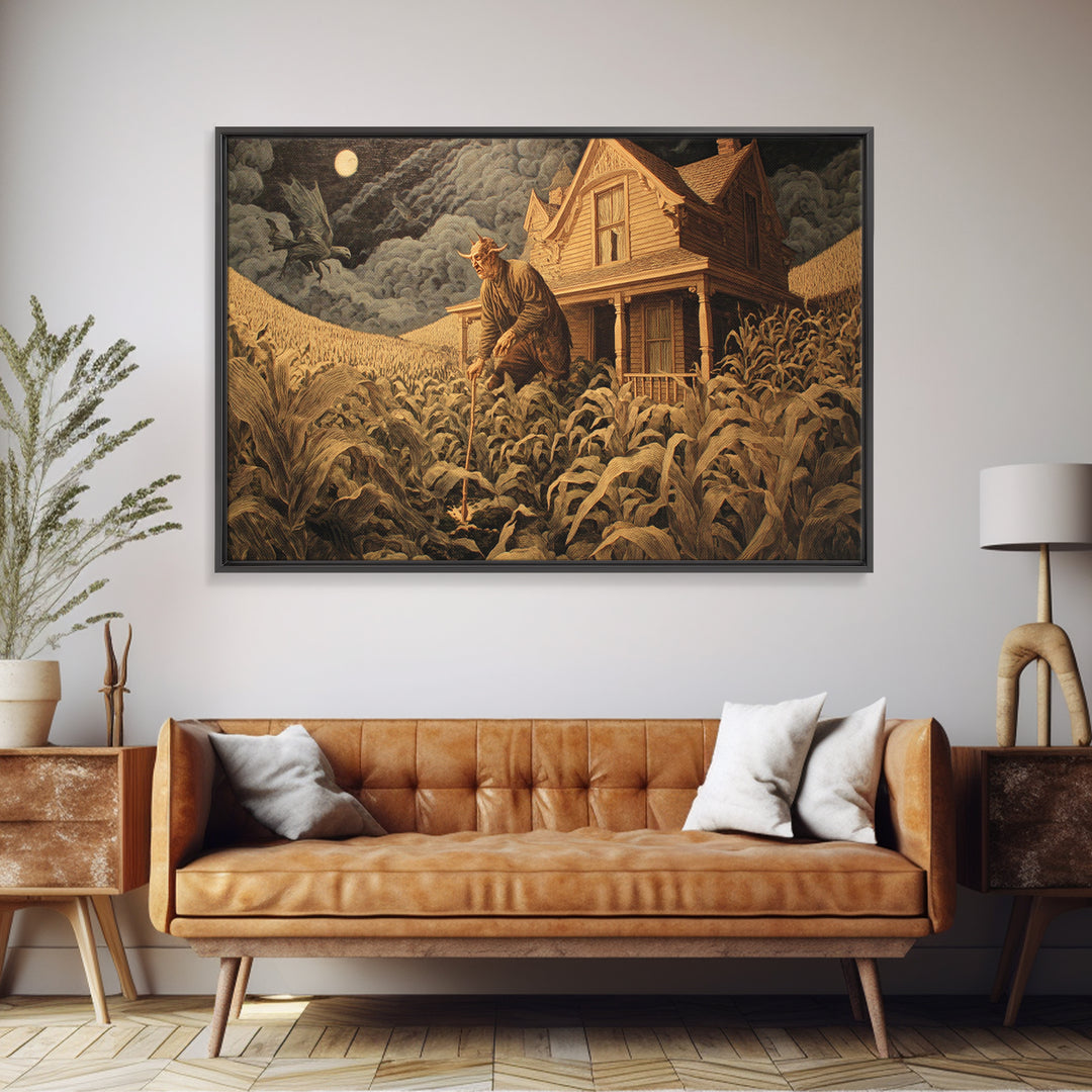 The Possessed Farmhouse, Medieval Grotesque Art, Landscape Wall Art, Dark Halloween Decor, Framed Canvas Print, Halloween Wall Art