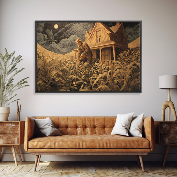 The Possessed Farmhouse, Medieval Grotesque Art, Landscape Wall Art, Dark Halloween Decor, Framed Canvas Print, Halloween Wall Art