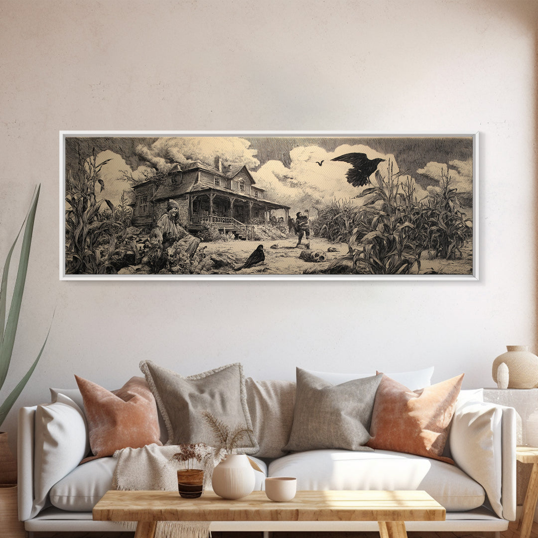 The Possessed Farmhouse, Renaissance Engraving Art, Extra Wide Wall Art, Dark Halloween Decor, Framed Canvas Print, Halloween Wall Art