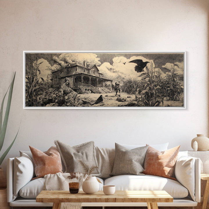 The Possessed Farmhouse, Renaissance Engraving Art, Extra Wide Wall Art, Dark Halloween Decor, Framed Canvas Print, Halloween Wall Art
