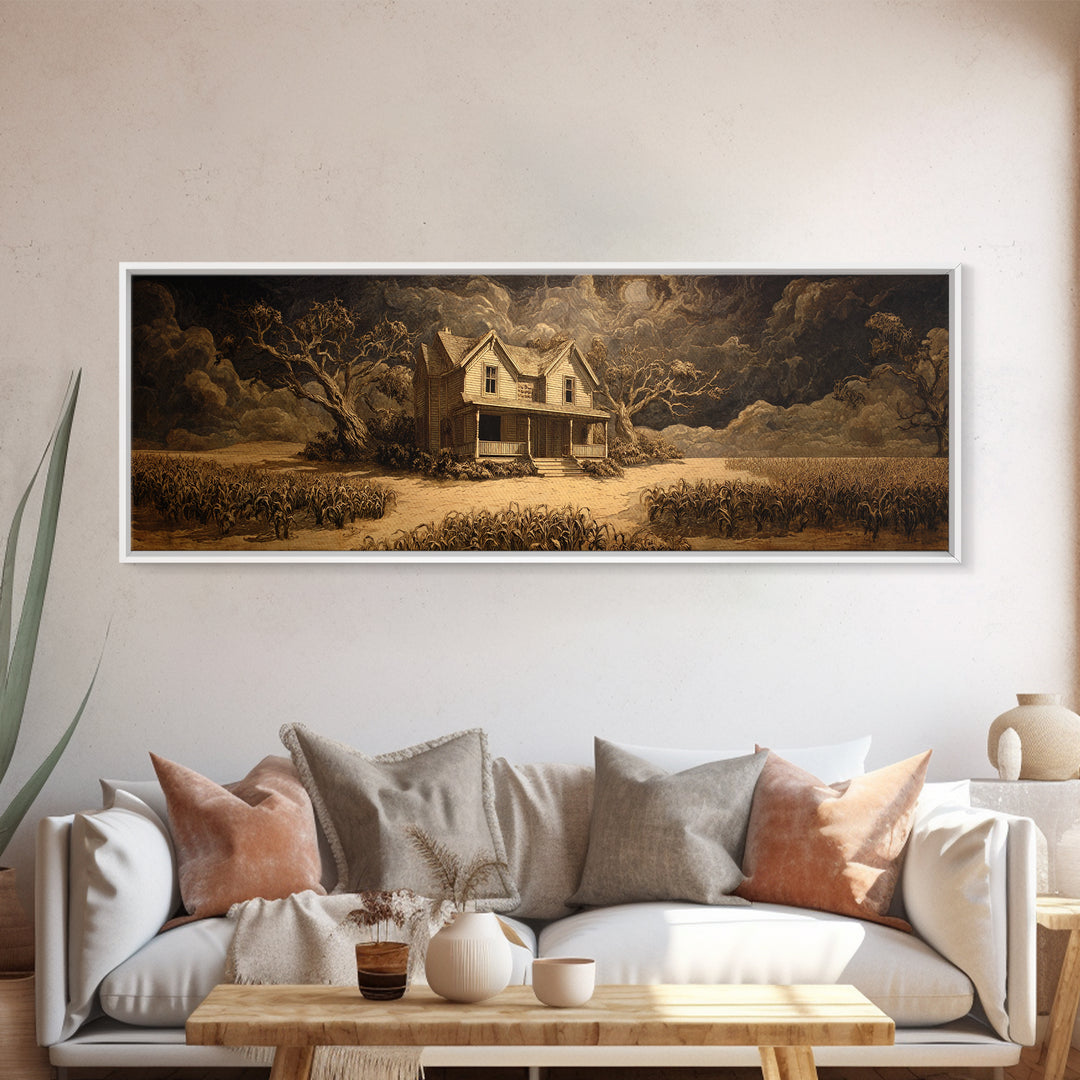 The Possessed Farmhouse, Dark Romantic Horror Art, Extra Wide Wall Art, Macabre Wall Art, Canvas Print, Halloween Wall Art