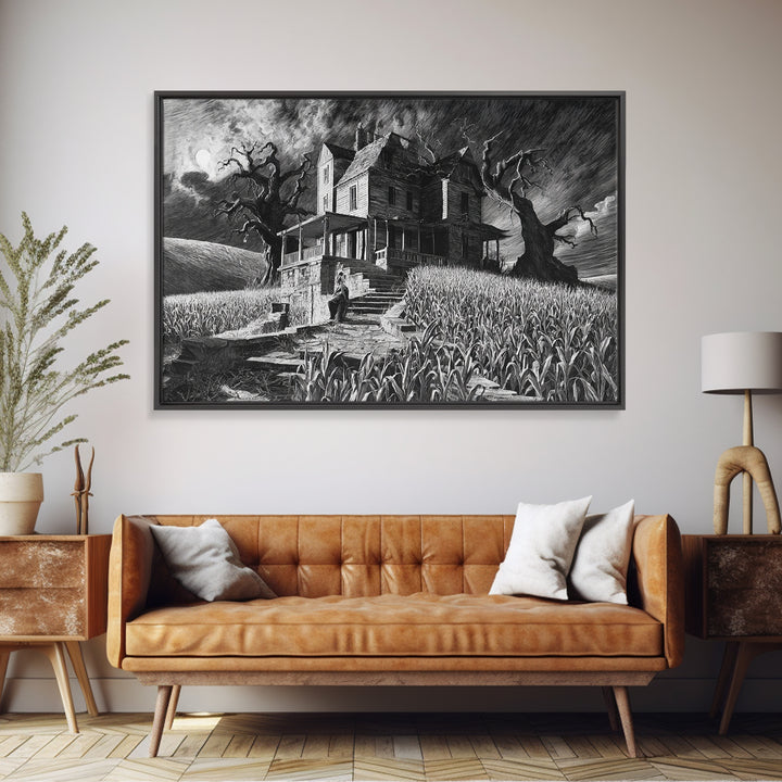 The Possessed Farmhouse, Architectural Etching Art, Landscape Wall Art, Macabre Wall Art, Framed Canvas Print