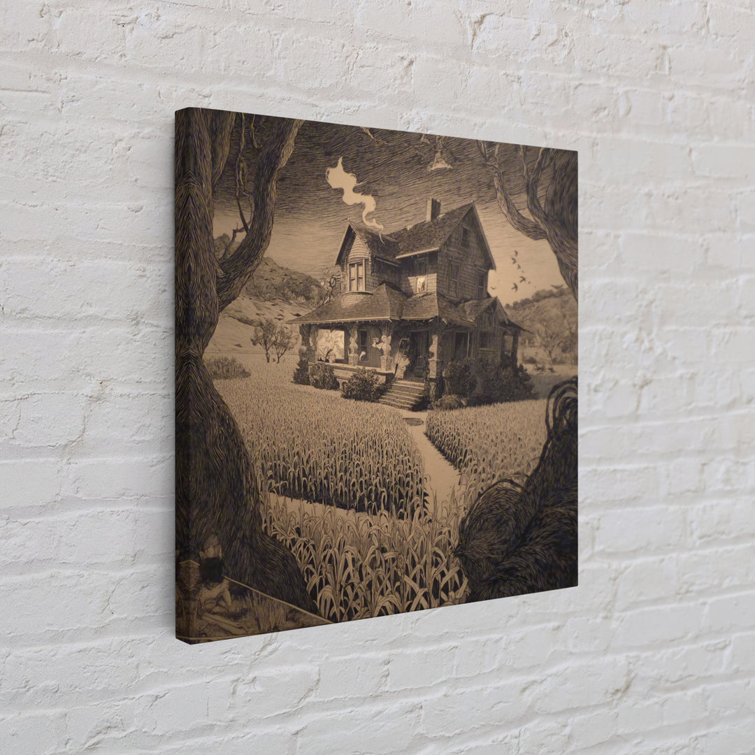 The Possessed Farmhouse, Symbolist Etching Art, Square Wall Art, Dark Halloween Decor, Framed Canvas Print, Halloween Wall Art