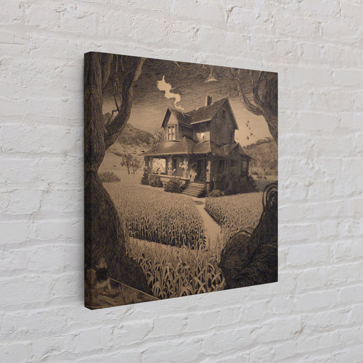 The Possessed Farmhouse, Symbolist Etching Art, Square Wall Art, Dark Halloween Decor, Framed Canvas Print, Halloween Wall Art