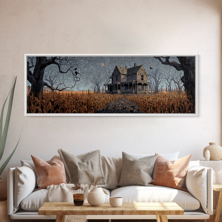 The Possessed Farmhouse, Stained Glass Gothic Art, Extra Wide Wall Art, Dark Halloween Decor, Canvas Print, Halloween Wall Art