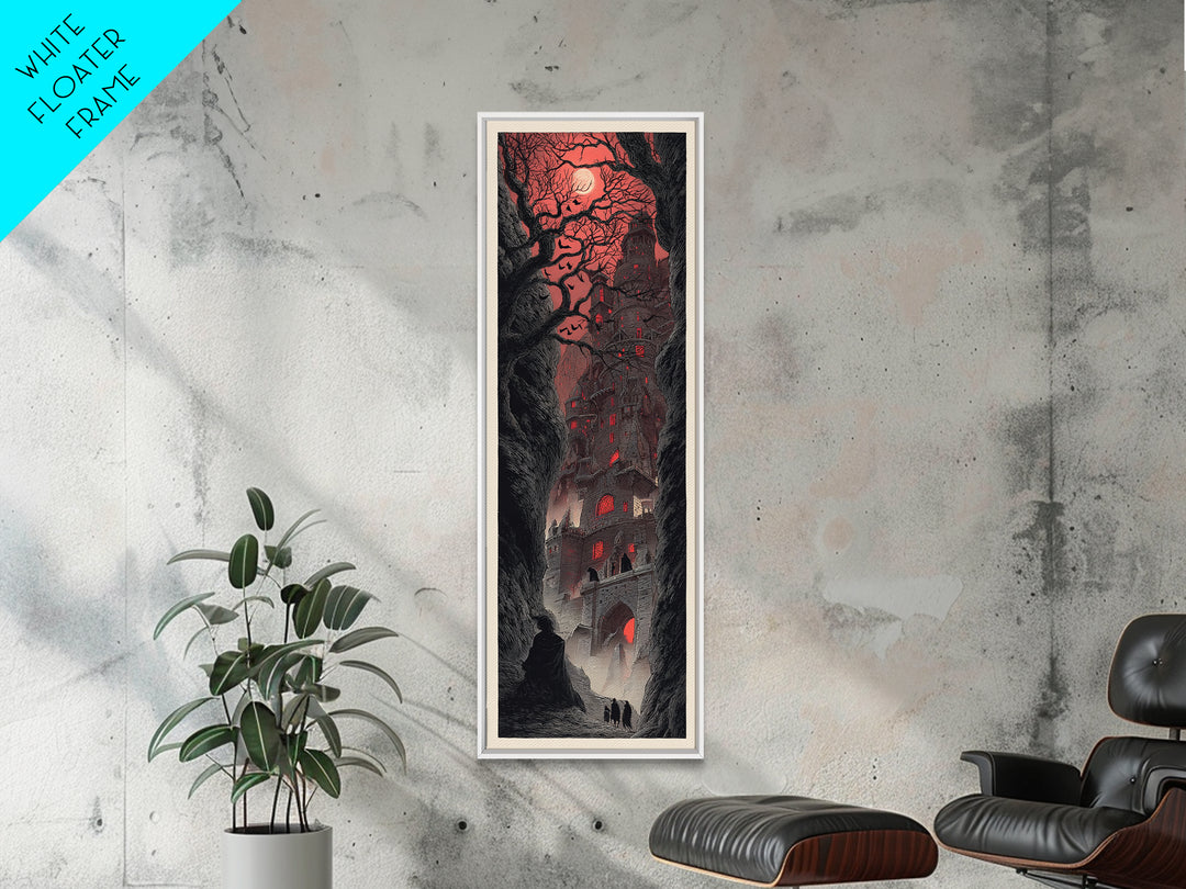 The Vampire Castle, Gothic Engraving Art, Tall Narrow Wall Art, Dark Halloween Decor, Canvas Print, Halloween Wall Art