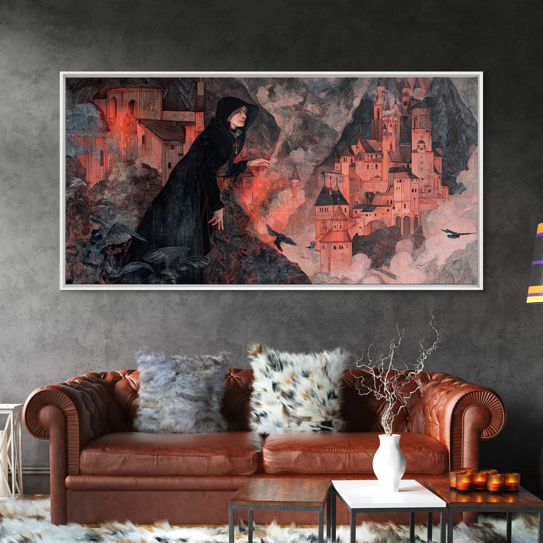 The Vampire Castle, Medieval Grotesque Art, Wide Panoramic Art, Gothic Horror Wall Art, Framed Canvas Print, Halloween Wall Art