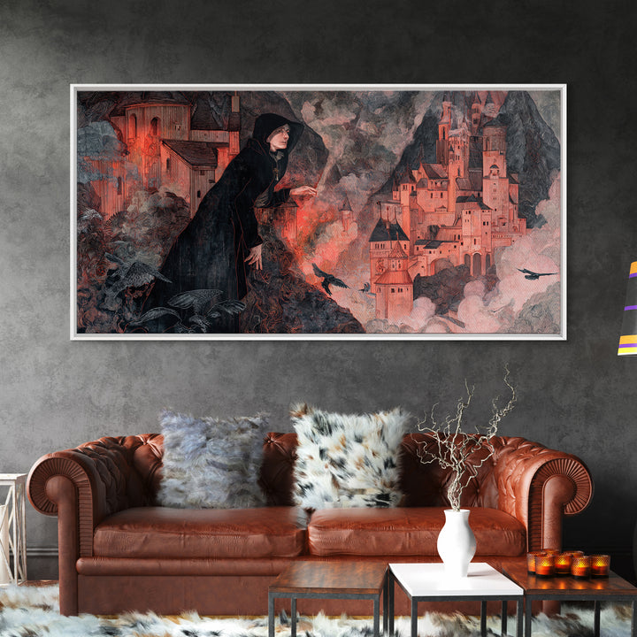 The Vampire Castle, Medieval Grotesque Art, Wide Panoramic Art, Gothic Horror Wall Art, Framed Canvas Print, Halloween Wall Art