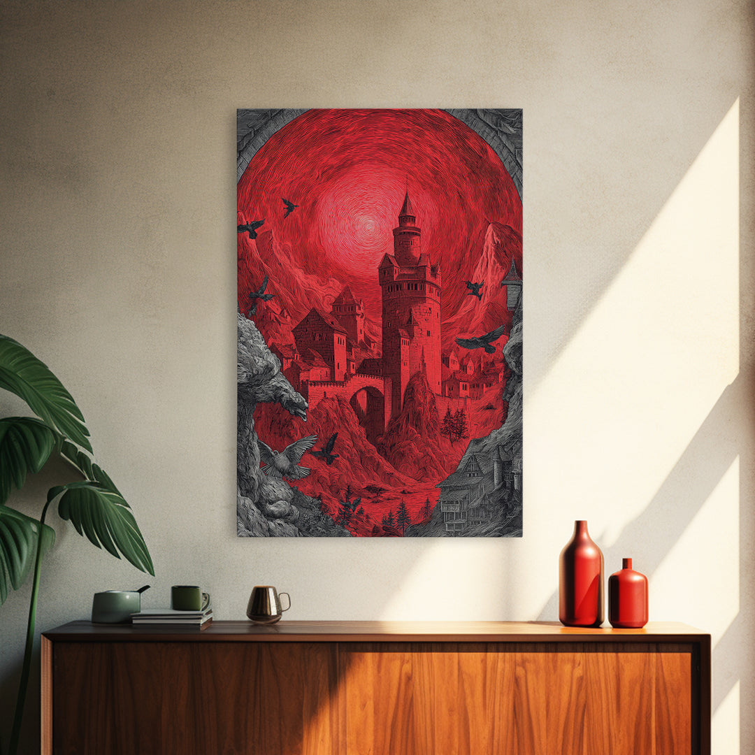 The Vampire Castle, Renaissance Engraving Art, Vertical Wall Art, Dark Halloween Decor, Framed Canvas Print, Halloween Wall Art