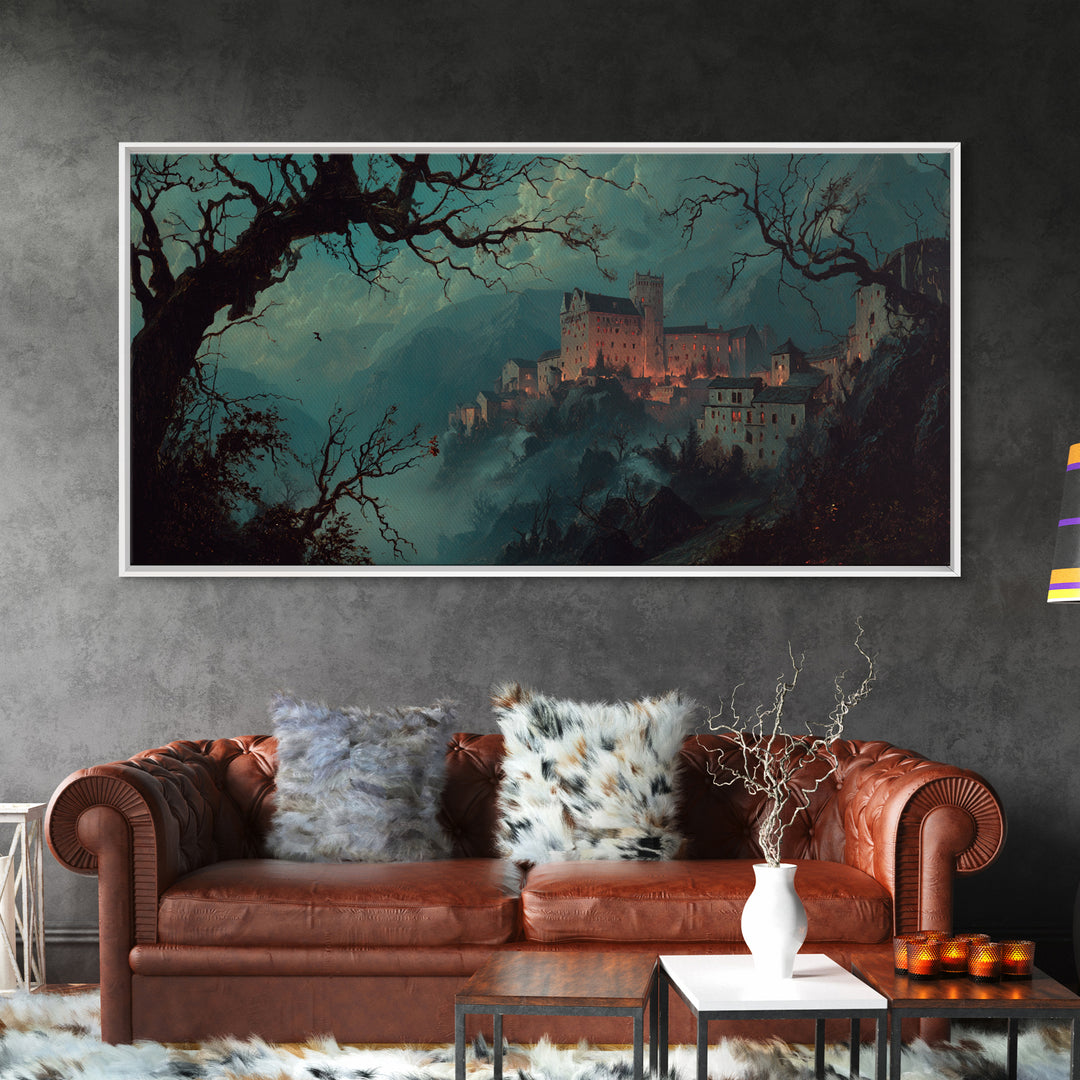 The Vampire Castle, Baroque Witchcraft Art, Wide Panoramic Art, Dark Fantasy Wall Art, Framed Canvas Print, Halloween Wall Art