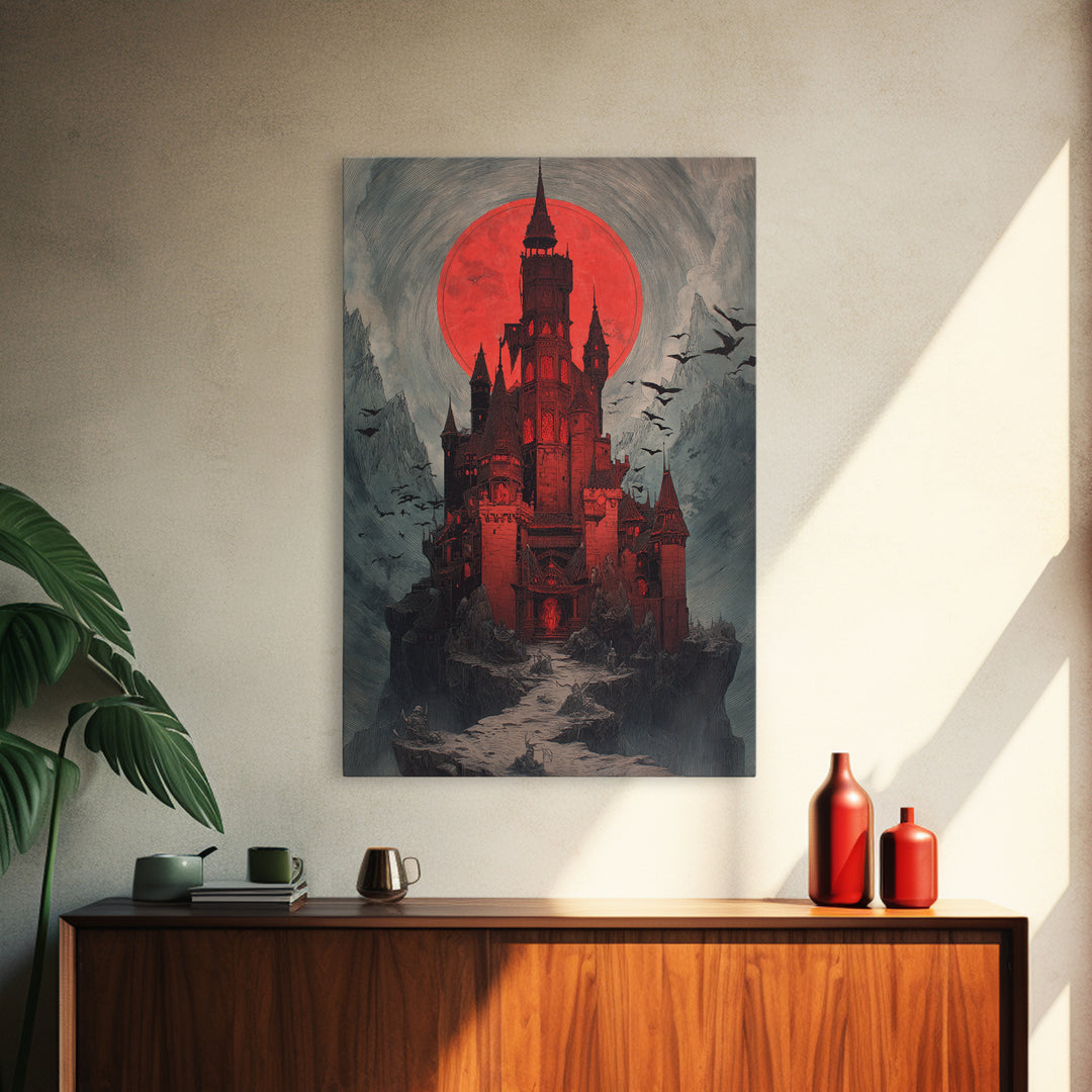 The Vampire Castle, Decadent Gothic Art, Vertical Wall Art, Dark Fantasy Wall Art, Framed Canvas Print, Halloween Wall Art