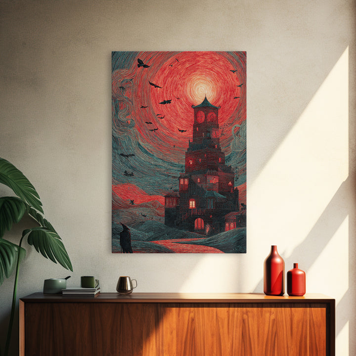The Vampire Castle, Expressionist Gothic Art, Vertical Wall Art, Dark Halloween Decor, Canvas Print, Halloween Wall Art