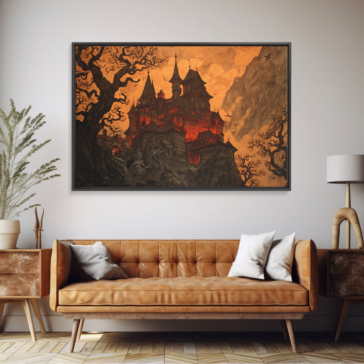 The Vampire Castle, Gothic Storybook Art, Landscape Wall Art, Dark Fantasy Wall Art, Framed Canvas Print, Halloween Wall Art