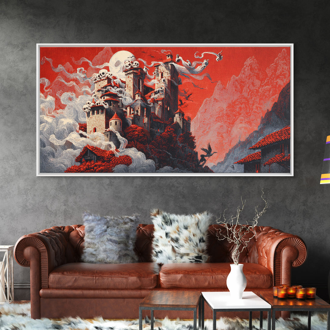 The Vampire Castle, Macabre Folk Print Art, Wide Panoramic Art, Dark Halloween Decor, Canvas Print, Halloween Wall Art